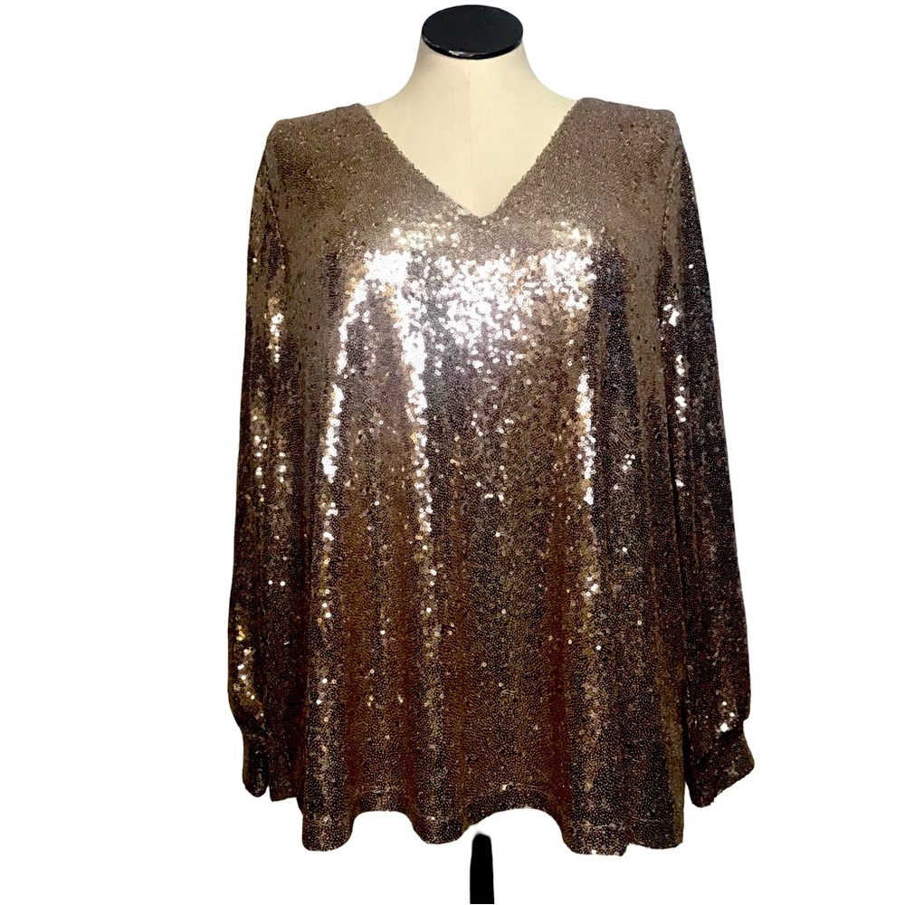 Lane Bryan Sequin Lined Top Women’s Size 18 Color Gold Rose V-Neck Long Sleeve’s